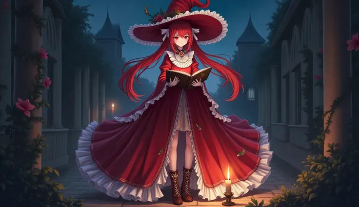 anime, Full-length girl, witch, beautiful girl, 20 years, scarlet eyes,  Red Hair ,  big magic hat ,  red aristocratic dress ,  with big sleeves , white ribbons,  big two pigtails , magic boots  ,  background, Night,  aristocratic estate ,  the girl looks ...