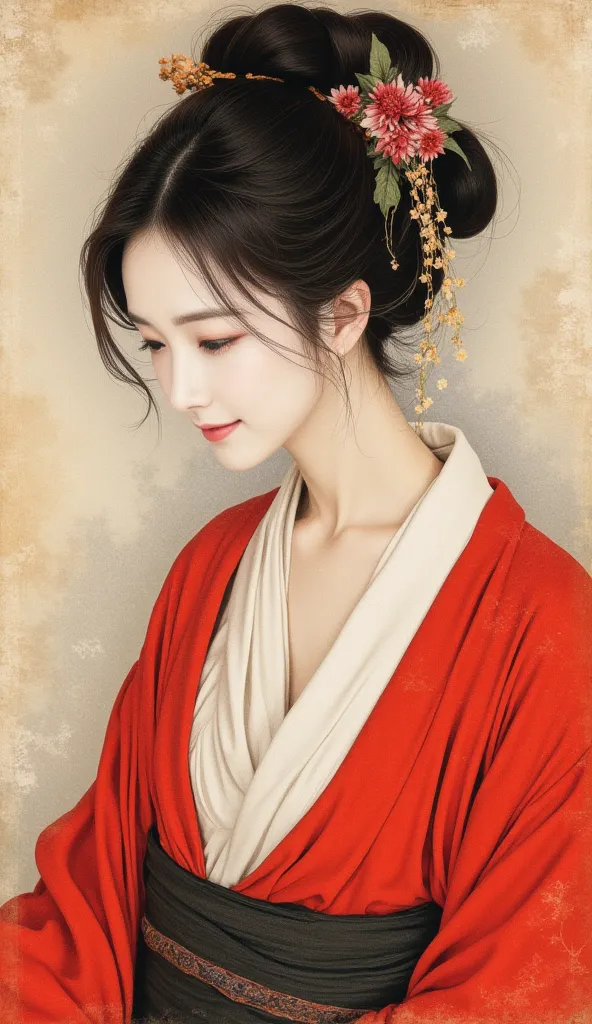 Ink Painting、in the traditional Japanese ukiyoe style,a slender young asian woman,Old paper texture、Damaged Paper、Old style、Faded color、Edo courtesan、Thick Fog、composition、Golden Ratio、Functional、grace、detail、background、Soft colors、Blurred Lines、A courtesa...