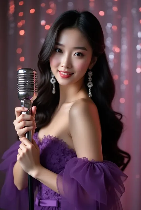 An elegant-looking Korean woman, posing in front of a microphone on a stage with soft, out-of-focus lighting in the background. She is wearing a purple dress with tulle and lace details, which gives her a glamorous and comfortable air. Her long, dark, wavy...