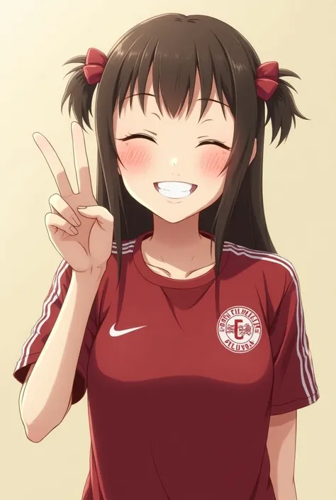 I want an image of the character Kaguya Shinomiya from the anime  "Kaguya My Love is War",  wearing a club torino fc t-shirt, more specifically the local maroon .  that Kaguya is posing with a smile from ear to ear and his eyes closed while doing the peace...