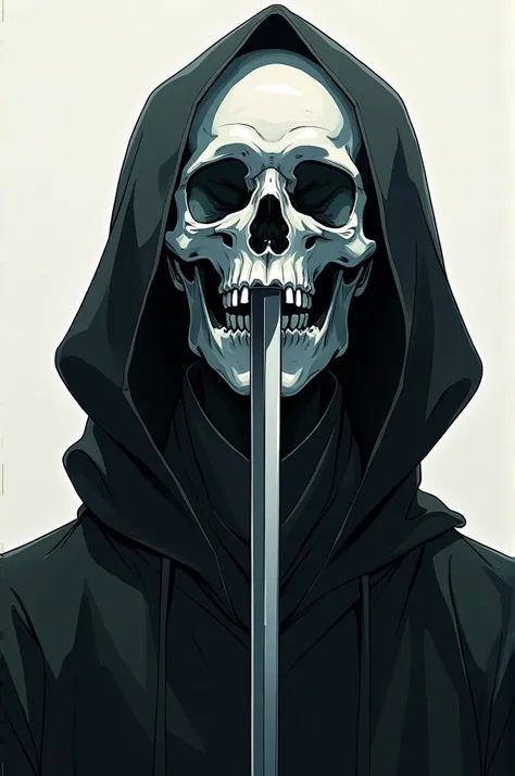 

The image of the transparency of the skull is an anime looking at the face in half of the skull, a sword inside the skull from left to right and wearing a robe 
Black and the sword inside her body