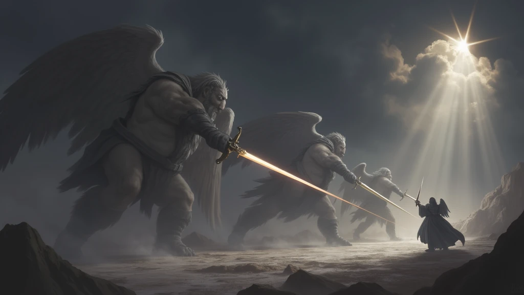 " An epic battle between giants and angels on a heavenly plain .  Colossal giants wield stone weapons while angels shine in shining armor,  flying around the giants with swords of light .  The battle unfolds with intensity ,  showing a confrontation betwee...