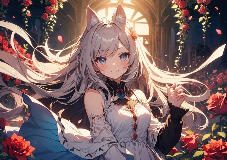 A cute anime girl with big, sparkling eyes and a warm smile, surrounded by a sea of vibrant roses. Her dress has soft, fluffy layers that flow with her, giving her a magical, rose-like charm