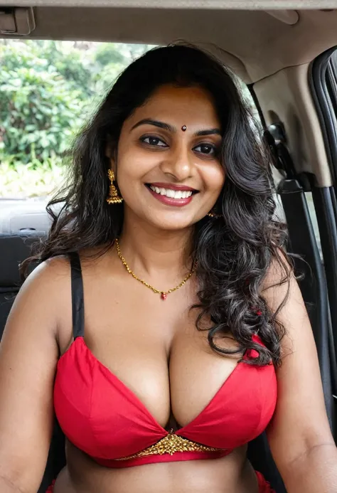 Voluptuous indian aunty, 40 yo, chest focus, sitting in car back seat, day, closup, long locket, thin gold ,red bra with black edges, thick chest, heavy chest, dark-skin, long hair, telugu, curvy, smile,