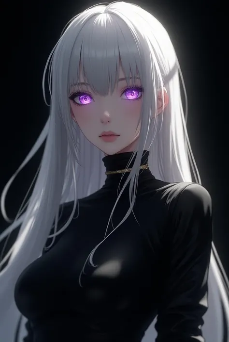 Woman, long white hair, purple eyes, pale skin, NieR Automata universum , Black background, silver glitter in her eyes, surreal, and dreamlike, illuminated her by soft sunlight streaming, masterpiece, full-body, Black fashion clothing, aesthetic