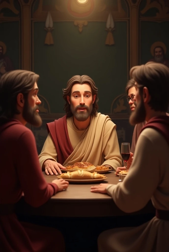 Jesus seated at the table with 5 ren over bread and wine animated



