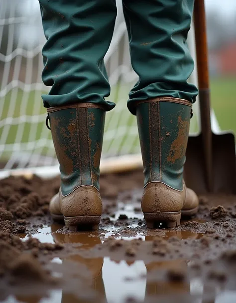 A close-up, rear view of muddy football-style rain boots with cleats, worn by a person standing on wet, muddy ground, symbolizing hard work and community support. Next to the boots, a construction shovel is firmly stuck in the mud. In the background, a soc...