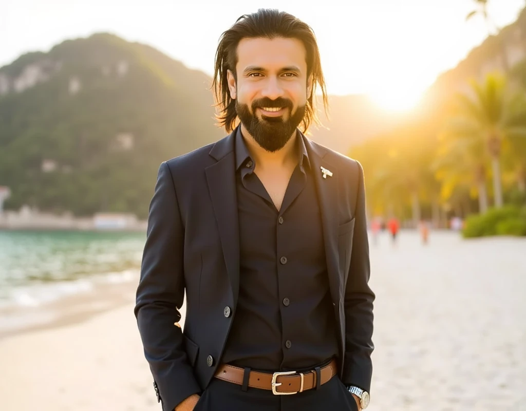 a handsome man with black brown long hair, and a beard like character reference , face similar to character reference, suitable for a YouTube video in format, brown eyes, wearing expensive trouser, expensive belt and wrist watch expensive black slim fit sh...