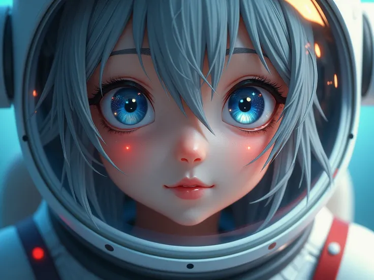  Close-up of an improved masterpiece:1.5)0.9], (Space and astronauts:1.2) ( Messy silver hair:1.1) (heterochromia: xanthochromia and blue eyes:1.2) (Space helmet:1.0) ( Colored stars in the eyes :1.0) (A radiant glow:1.1) ( Thick lips:0.9)