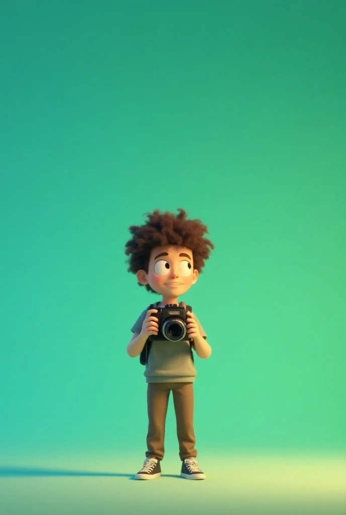 Make a stile Animation One knife young man with curly hair and gradient  slow holding a camera studio close at snack on a green  blue background