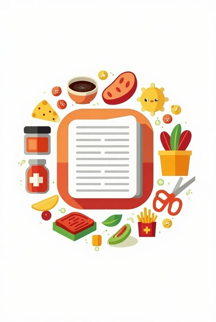 Logo rond avec dedans, un journal, du pain, Meat ,  a medicine , fries ,  a coffee , un pot de confiture, des ciseaux 