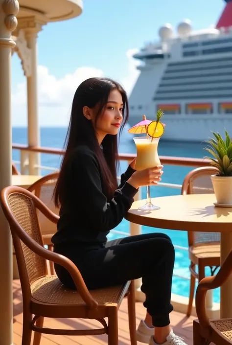 Girl in her 30’s, long black straight hair, wearing black sweatsuit with white sneakers, having piña colada at restaurant by pool at large cruise ship . Pixar 