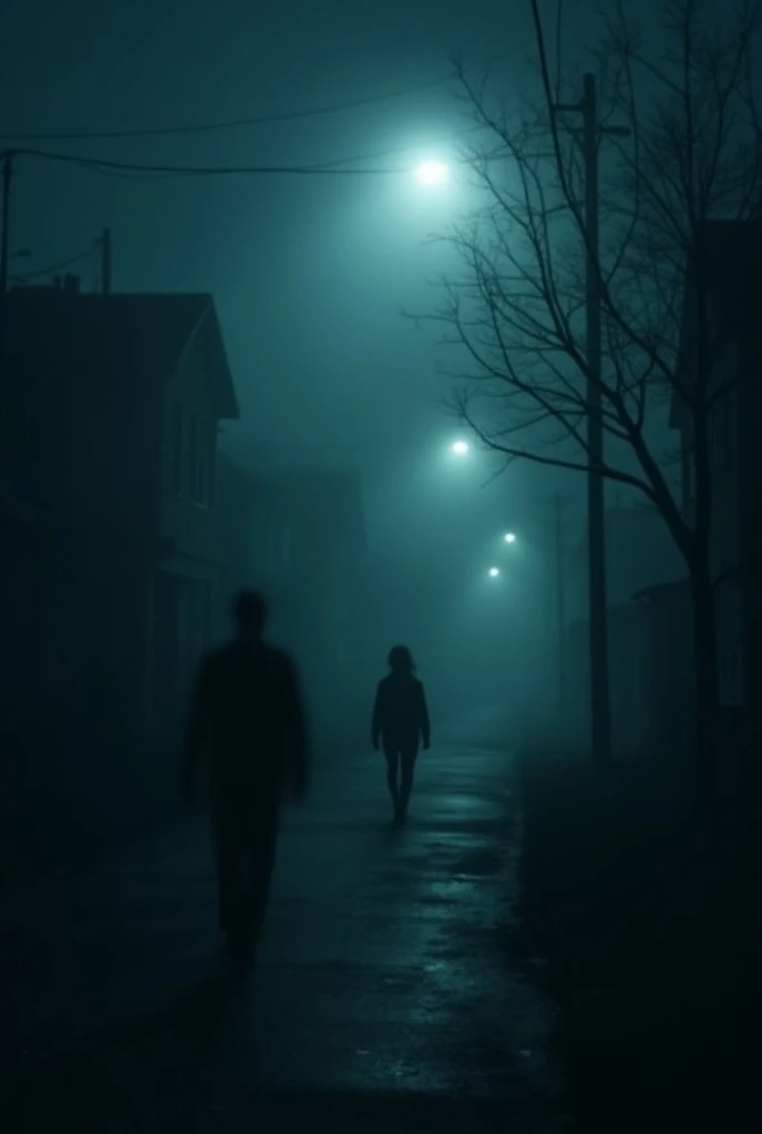 Totally dark and haunted suburban streets at night 
Blurry people