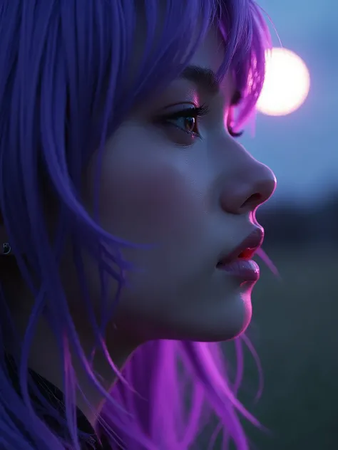 (Masterpiece, photorealistic, professional photographer) from right side, extreme closeup portrait of the side of the face  of a gorgeous young woman, age 23, head slightly tilted to back, purple hair with a full moon in the background, dark purple tones, ...