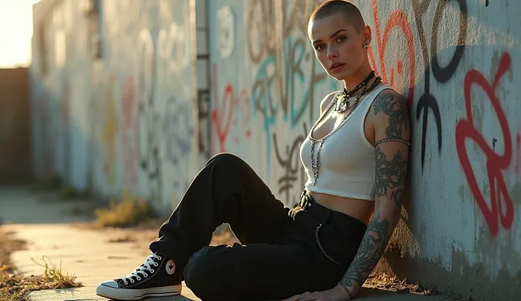 General shotfront shotFull-length portraityou can see that the suns rays are shining from head to toe on a very thin, pale young woman with a gothic and punk style leaning against a graffitied wall, shaved head, very short and tight white mini top, large b...