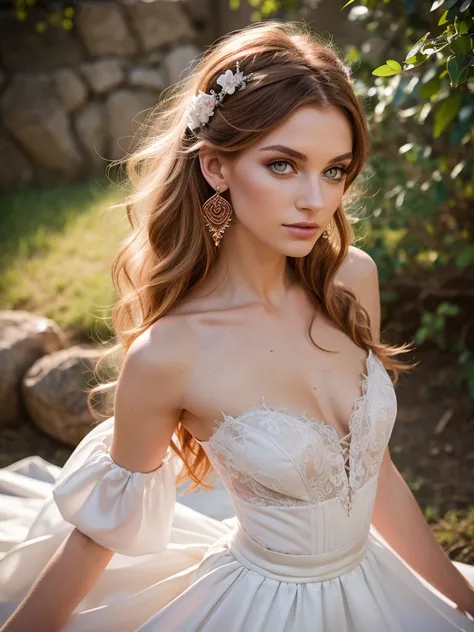 wedding dress, kiper, segolily nose, lupine, tribe of ephraim, irish genes, dark hazel eyes, scottish nose, high forehead, beady hazel eyes, lioness, ginger, feminine energy, (skinny female magician, rough skin), fae copper hair, cyberposh, deep eye pits, ...