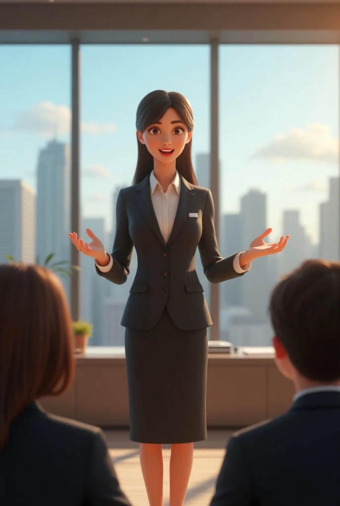  to create a young female executive standing, Making a presentation , pixar 3d style