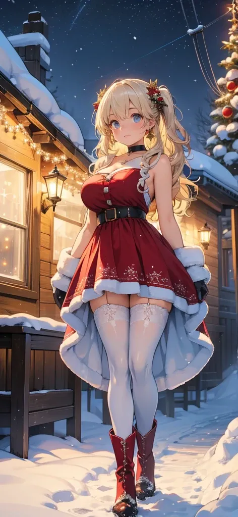 In a charming, snow-covered village of log cabins, an anime cute young woman with extremely large boobs strolls through the softly falling snow, her beauty striking against the winter wonderland around her. She has wavy blonde hair with a pink gradient. Sh...