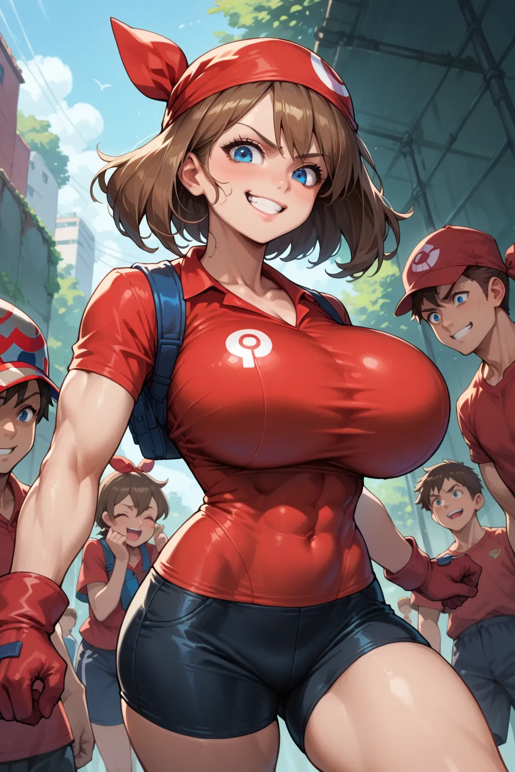 score_9, score_8_up, score_7_up, BREAK, anime style, MayPXL, blue eyes, brown hair, short hair, red bandana, red shirt, short sleeves, gloves, black shorts, torso, smug smile, gigantic bust, toned, strong, bimbo body, 