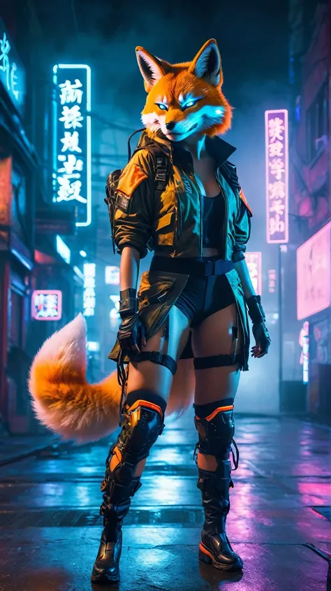 Realistic epic, a stunning visual photo of a kitsune | shiny | cyberpunk city | neon light | vibrant | Full body | main visual | dynamic fighting pose | best quality | lighting, volumetric fog, bioluminescence, volumetric atmosphere, studio trigger Militar...