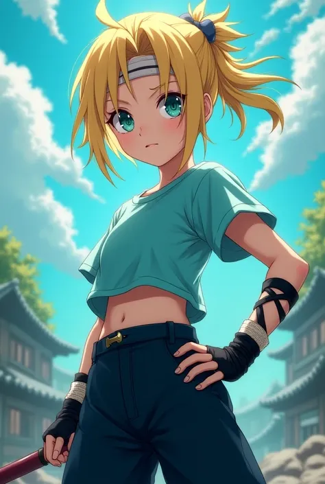  Make Naruto a  blonde girl with blue highlights, aqua-green eyes, pastel blue t-shirt and wide black pants with fingerless gloves, with Naruto Uzumaki both are  