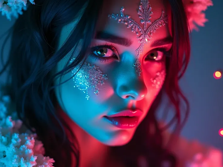 halloween, magical beauty, neon,  photorealistic ,  Beautiful woman , Macro photography,  high quality, 4K, Fairy, face tattoo ,  snow , красивые neonовые частицы,  photorealistic, girl, in tattoo, incredibly beautiful, hipster, full-length, beautiful form...