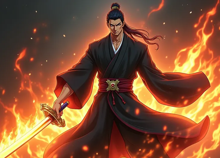 a man,  Genryūsai Shigekuni Yamamoto animated character "bleach",   with her sword  (Zanpakuto) of fire, Aura of Flaming Power , 3d