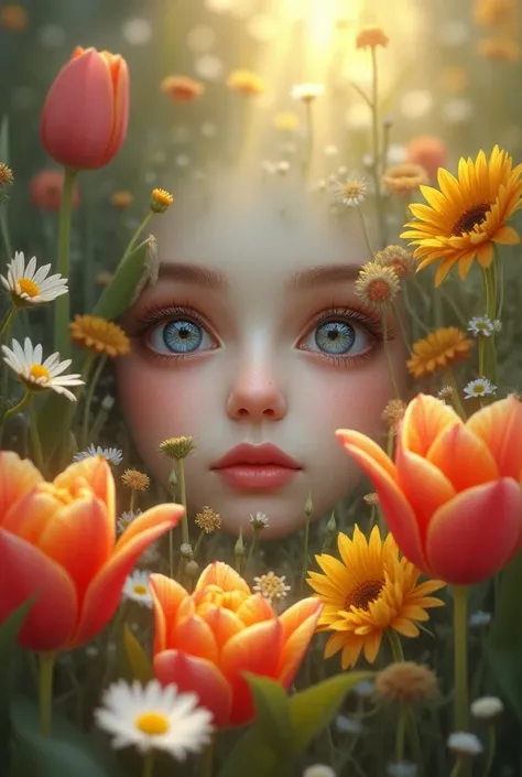 Give me an image where light ,  reflects then two eyes on one face and around it are tulips,  daisies and sunflowers and that the background generates peace