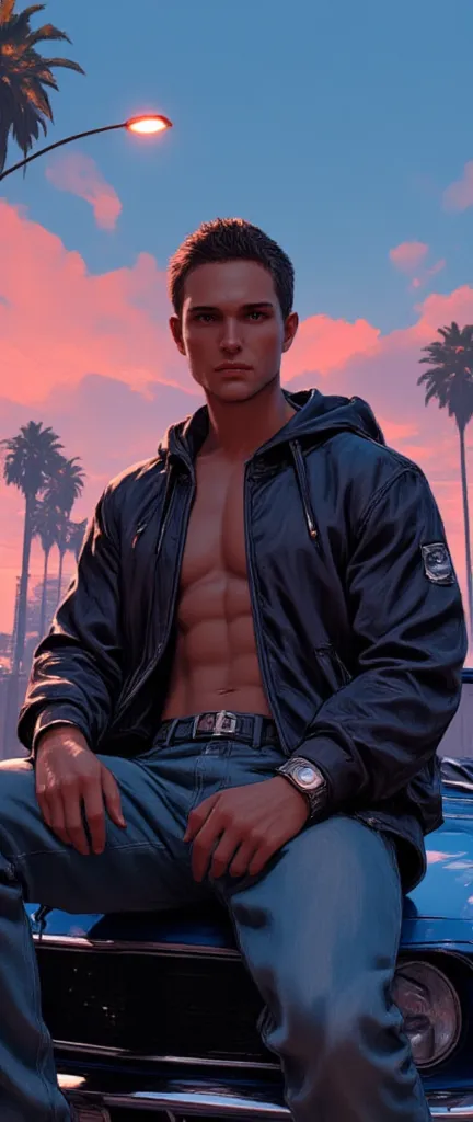   Anatomically correct pose  , Plan General,   full body   ,  Handsome sensual man  ,  sitting on the hood of the car sensual pose ,  wearing sportswear,  you can see his chest has an open jacket ,  colored day in California GTA v  :1.5,   camera view from below GTA V style  , realistic art style ,  picturesque background ,   beautiful digital artwork   , lois van rossdraws, realistic art style ,   impressive digital illustration   , ross drawings 1   . 0,  Stunning art style  , in the style of Guveiz   ,quality\(8K,   wallpaper с чрезвычайно детализированным CG юнитом,   High definition  , top-quality, top-quality real texture skin,   hyperrealistic , increase resolution , RAW photos , best quality, It's very detailed  ,   wallpaper ,  Golden Ratio ,   high-intensity realism   ,   style in bright colors   ,   'dramatic lighting'  ,   Compelling story   , атмосферный landscape ,   Stunning images   ,   complex details   , strong emotions, dream world\).landscape, Contract, Retina,   masterpiece  , necessary,   Anatomically correct pose   ,   de la vieja escuela  ,   super detail  ,   High level of detail , high quality , awarded , best quality,   High definition  , 1080P,   High definition  , 16 mil.