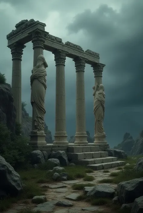 Greek ruin with columns in the shape of a woman I need you to go back there a storm scene 