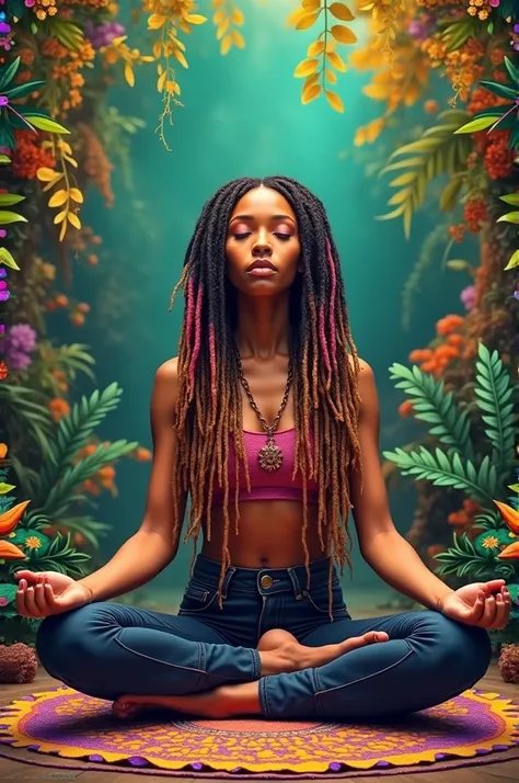 Fille rasta assise en tailleur en train de faire du yoga.  Dreadlocks de couleurs.  Beaucoup de coileurs dans limage . 