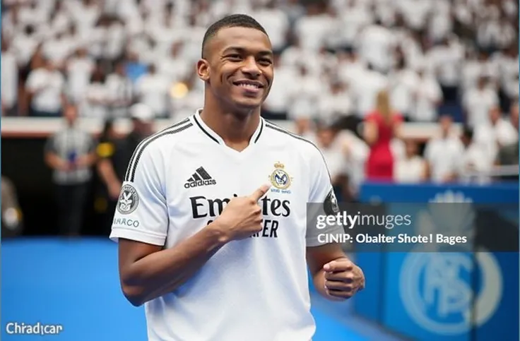 A hyper-realistic scene of Kylian Mbappé at a busy, vintage-style train station, kneeling on a small stool as he polishes a pair of worn leather shoes for a businessman. Mbappé is wearing his official team jersey with his name and number visible on the bac...