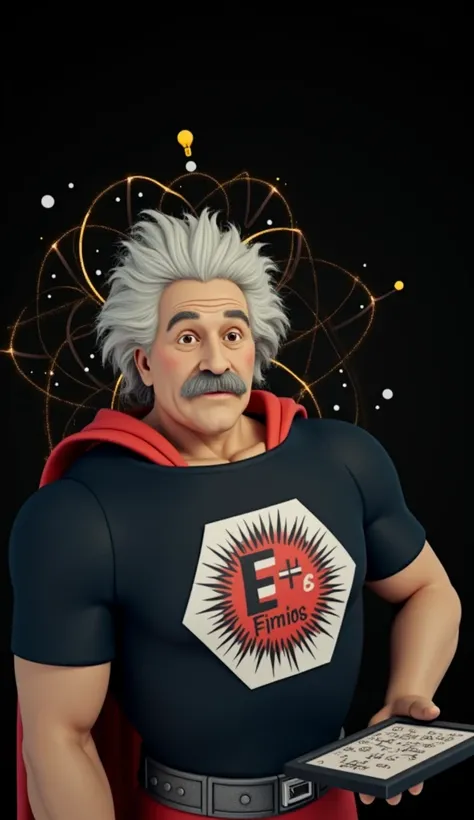 "Generate an image of Albert Einstein, the brilliant physicist, as a superhero with the power of intelligence. He wears a suit with a stylized E=mc² emblem on his chest, and his wild hair is surrounded by a halo of light bulbs and equations. His eyes gleam...