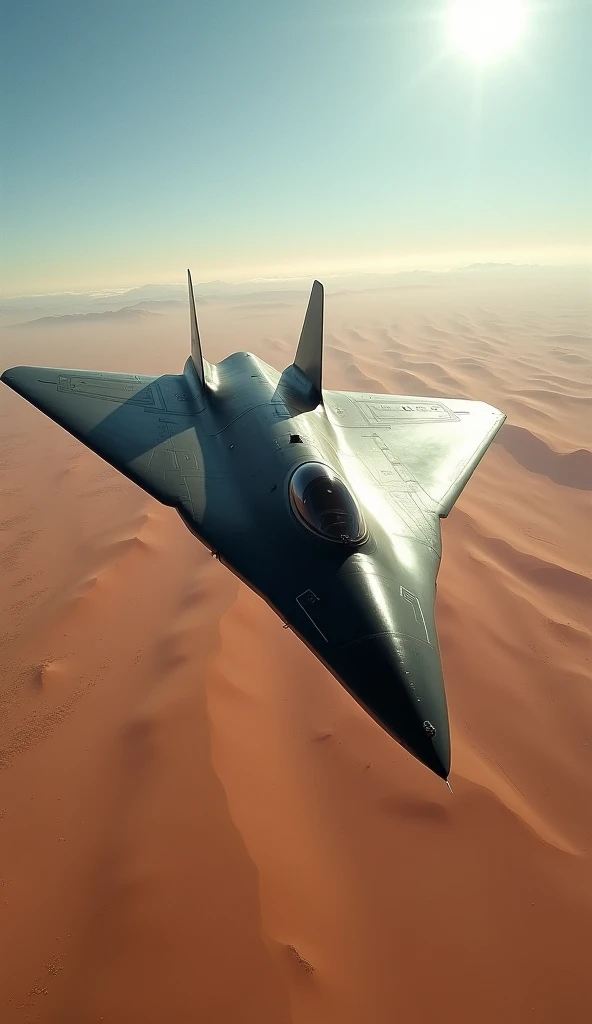 "The SR-71 Blackbird speeding over a desert landscape in the 1970s, with heat waves and a bright blue sky emphasizing its sleek, black design."