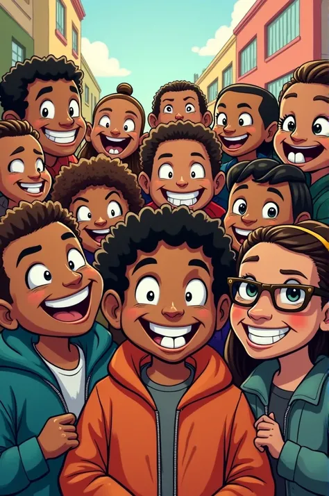 Comics about brown ren who have missing teeth taking a picture