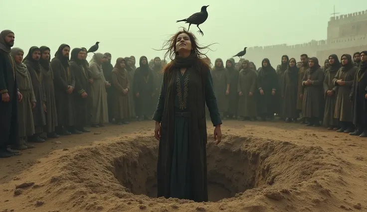 A muslim woman with disheveled hair , standing half in the grave, and half outside, many men and women standing around her, they all watching her with fear, a big ground, and daytime, and many birds are pecking at her head
