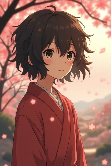 Create an image with one with dark brown wavy hair ,  with shaggy hair cut in an oriental landscape with cherry trees in studio Ghibli style 