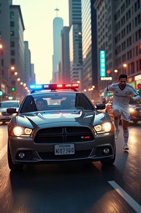 Pictures of Messi driving a police car trying to catch Cristiano Ronaldo 