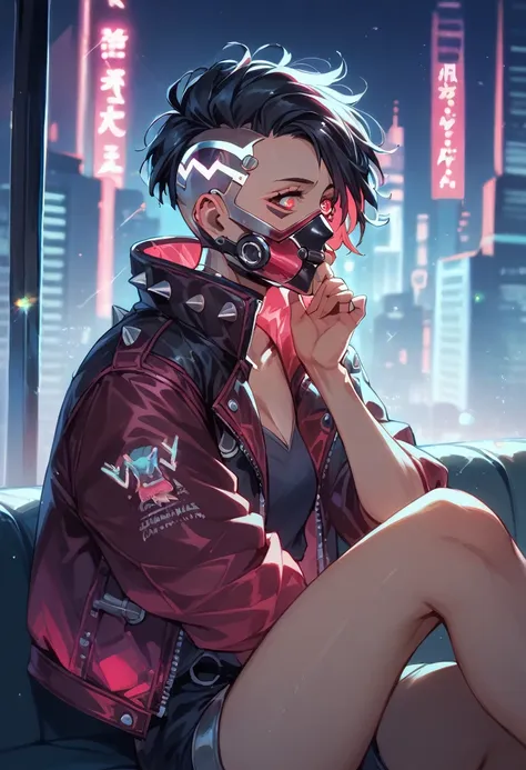 "dark theme :: closeup face focus, ultra realistic futuristic cyberpunk female black hair sitting :: cyberpunk face (cyber eyes)...