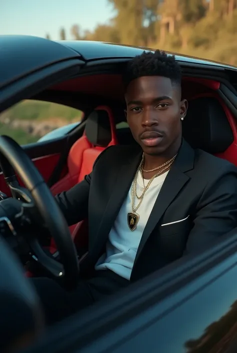 A picture of a young black guy on low cut inside a full Lamborghini or Bugatti picture