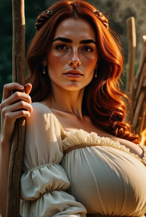 Photorealistic, cinematic style, a picture of a beautiful British woman being burned at a stake. Shes wearing a white gown, shes been tied to a stake. A pyre of stick bundles at her feet. Shes got brown eyes, downturned eye shape, light skin and freckles, ...