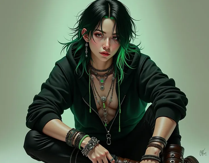 He would have long black hair with green highlights he would wear black pank pants and a dark brown serrote boot and a black hoodie he would wear lots of rings, necklaces and hoodies he would wear earrings and have a pircing in his mouth he would have eyes...