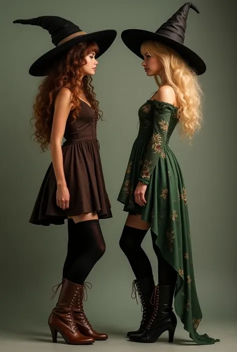 Two hot witches       , on the left:    long curly brown hair   ,        short brown dress       ,        black pantyhose    ,      brown leather boots with cute lacing pattern, hexenhut, Right: blonde hair,   leafy green floral dress      ,       black le...