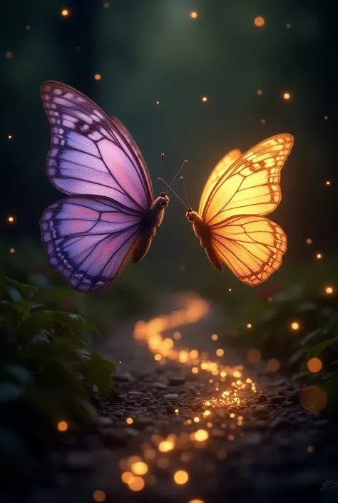 Realistic photo of two beautiful butterflies ,  one purple and one golden that fly free circling around on a dark path surrounded by fireflies,  its wings are large and full of details ,  leaves behind a golden trail , romantic moment, magic, atmosphere, F...