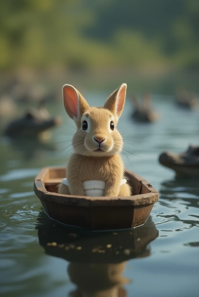 Realistic baby rabbit with the face of a real rabbit wearing a diaper on a small boat sinking with clear sadness in a lake full of crocodiles