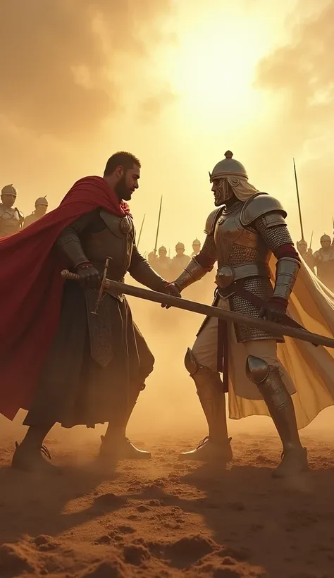 "Imagine a powerful scene where two legendary forces collide on a vast, dust-covered battlefield. In the center, two mighty warriors—one representing the East in traditional Middle Eastern armor with a curved sword, and the other, a Western Crusader in shi...