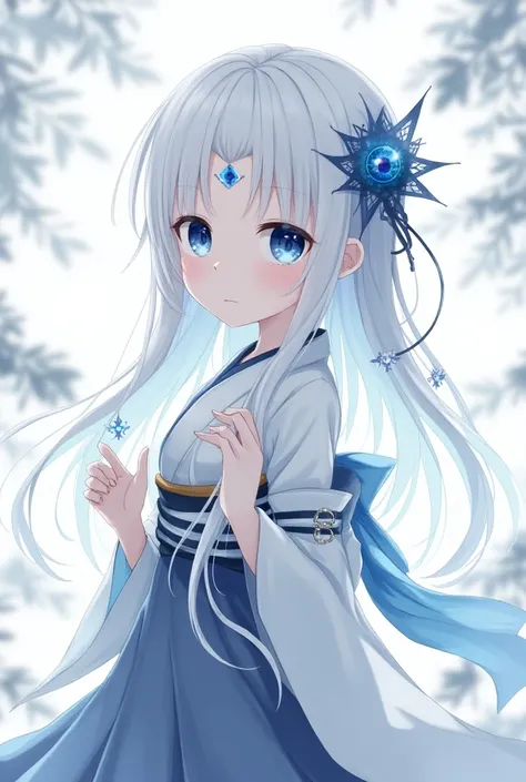 an anime woman, white pele,  white hair with blue details, blue eyes,  ONE EYE ON THE FOREHEAD , gray skirt, white and blue kimono ,  white bands on the back 