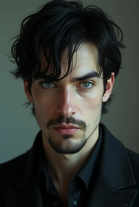  Pietro is a man with jet black hair .  Steel blue eyes and white Chalcasian skin . with an oval face ,  is allowed an unshaven and a small hourglass-shaped goatee .  Large, slanted eyes and a long ,  ankylosed nose and long mouth with a slightly thicker l...