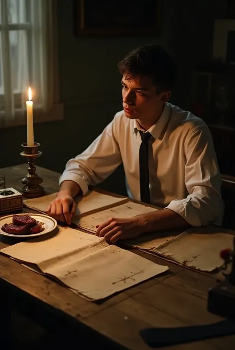  an image at 90 degrees of an old table where several old and wrinkled sheets are found, a wide candle,  an ashtray with a cigarette ,  a plate with a cooked liver , a tie on the table and a young man in a long shirt without a tie sitting and putting on th...