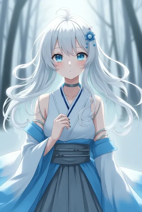 an anime woman, white pele,   white hair with blue details , blue eyes,   ONE EYE ON THE FOREHEAD  , gray skirt, white and blue kimono  ,   white bands on the back  